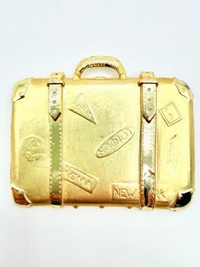 Vintage Gold Tone Suitcase Brooch Travel Theme Novelty Pin